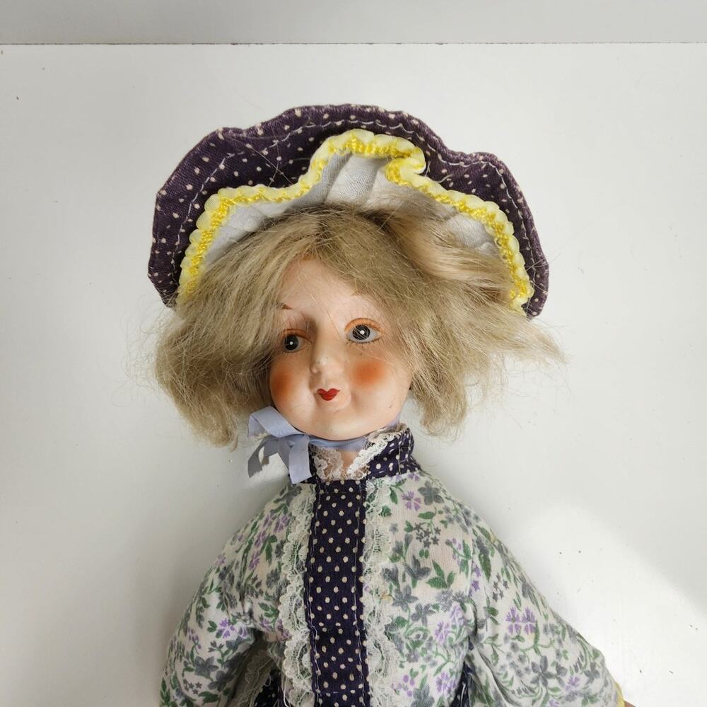 Country Themed Bisque Doll w/ Hat Dress & Painted on Shoes Porcelain Lady